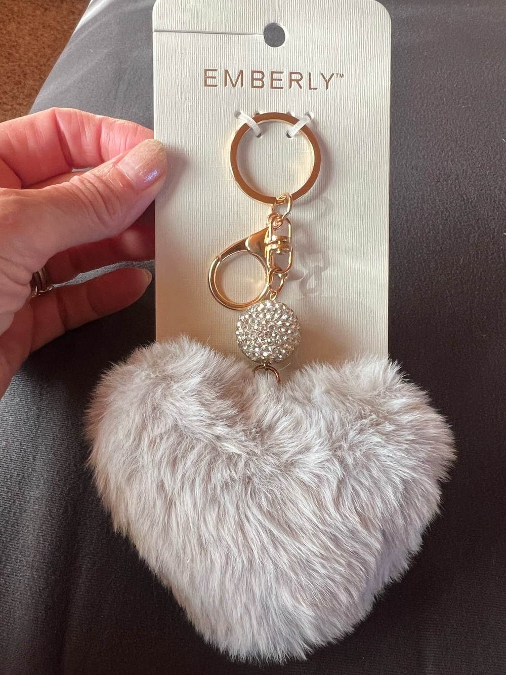 Emberly Grey Furry Heart\Glitter Ball, Gold Tone Bag Charm, new on card